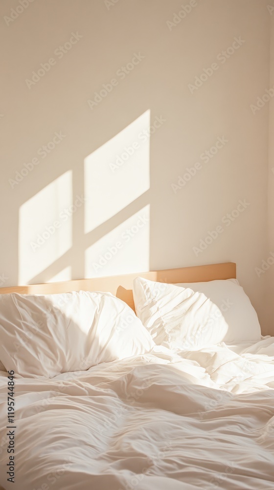 Poster warm sunlight casts shadows from the window onto an unmade bed with white linens in a hotel room, cr