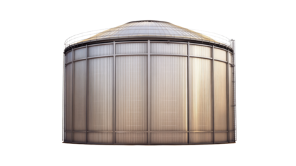 Large cylindrical grain bin for storing harvested grain, ideal for agricultural visuals, isolated on transparent background