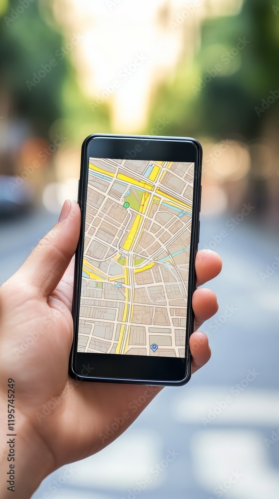 Poster Hand holding smartphone displaying online map application for navigation and location services in a blurred urban environment, enhancing travel and exploration experience