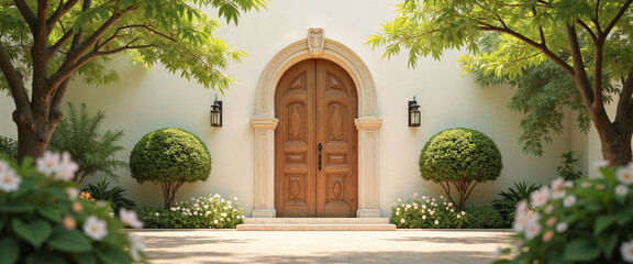 Wooden door framed by lush greenery and blooming flowers, creating a serene and inviting atmosphere, symbolizing entry and new beginnings in a peaceful garden setting