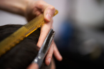 Haircut taking place at a barbershop with tools in use for styling