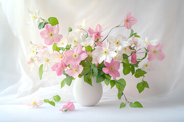 Pink and white clematis in a vase