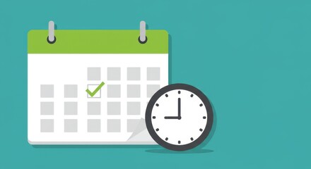 A flat illustration of a calendar with a green header and a clock placed beside it