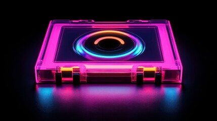 glowing neon cassette radiates vibrant colors, evoking nostalgia for the 90s. A retro audio tape perfect for symbolizing vintage music, pop culture, and throwback vibes in a modern, artistic way