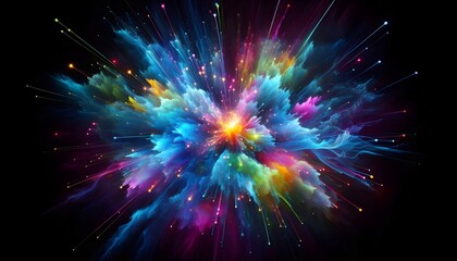 colorful lights fireworks explosion on black background, cosmic lightning and clouds in vibrant colors