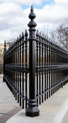 Obraz premium Dark, ornate iron gate with gothic design stands tall against a stormy gray sky, evoking mystery and intrigue in the atmosphere