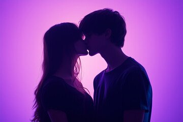 Silhouette of Young Couple Kissing with Vibrant Purple and Blue Background