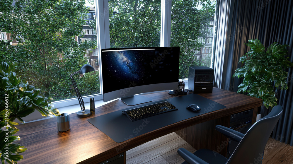 Poster a computer desk with a large monitor, keyboard, and mouse