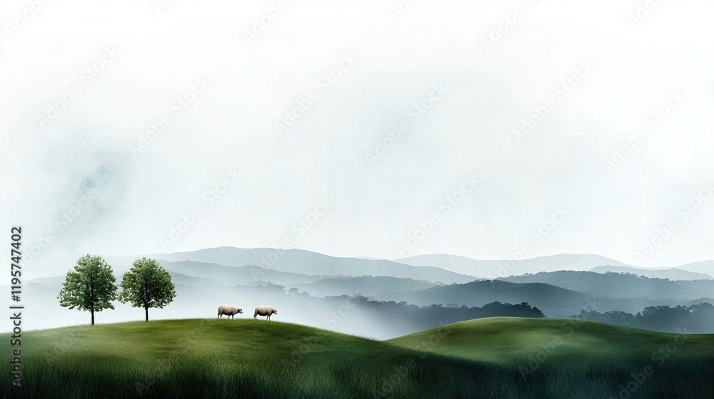 Poster a cow is grazing in a field with two trees in the background
