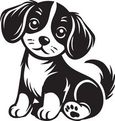 Cute silhouette puppy vector black and white (smiling face cute mini dog big ears and big hair vector black)