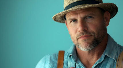 Senior plumber in overalls with tools, plain light blue background, experienced expression, clear facial features