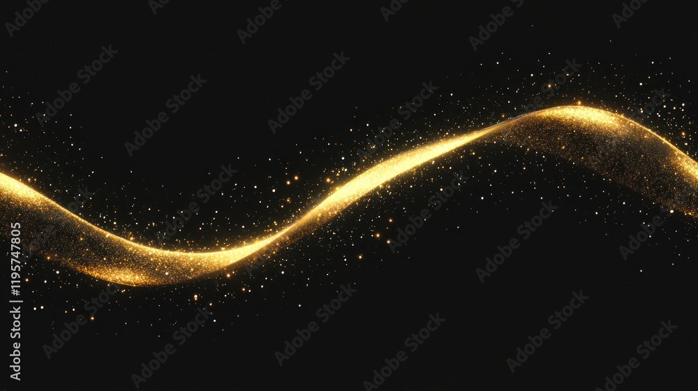 Poster shimmering golden wave with sparkling particles on a dark background