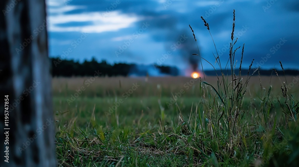 Poster a field with a tree in the foreground and a fire in the background
