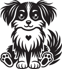 Cute silhouette puppy vector black and white (smiling face cute mini dog big ears and big hair vector black)
