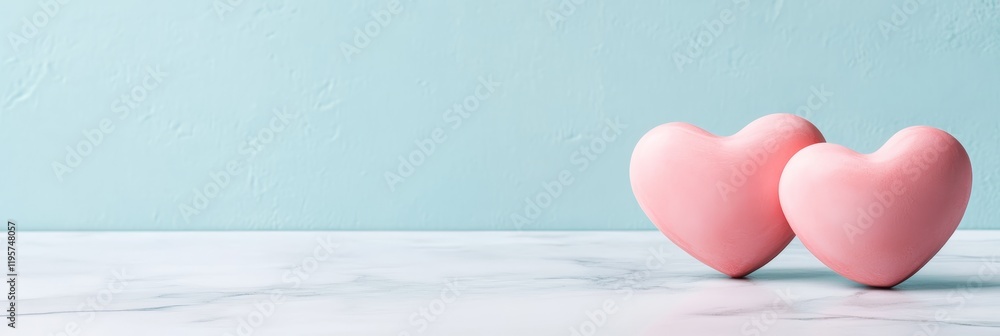 Poster two pink hearts resting on a marble table against a light blue textured background, creating an eleg