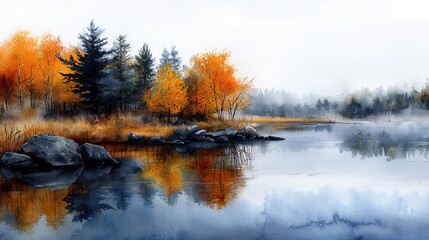 Fototapeta premium A painting of a lake with trees in the background