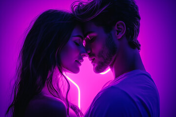 Romantic Couple Embracing Under Neon Purple Light &ndash; Intimate Portrait Photography