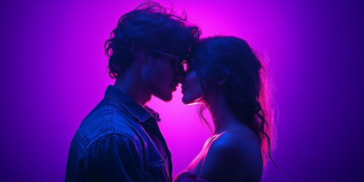Romantic Couple Embracing Under Neon Purple Light &ndash; Intimate Portrait Photography