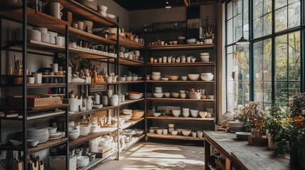 Wide shot of a pottery studio with shelves full of handmade pottery pieces, ceramics workshop