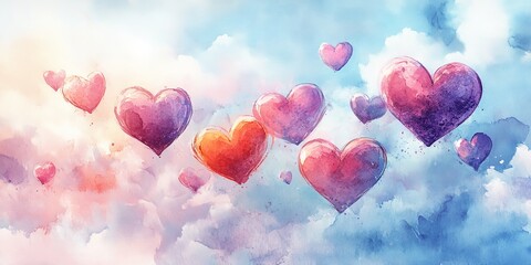A watercolor illustration of floating hearts blending into soft pastel clouds. Perfect for Valentine's Day, greeting cards, and romantic designs.