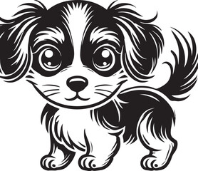 Cute silhouette puppy vector black and white (smiling face cute mini dog big ears and big hair vector black)