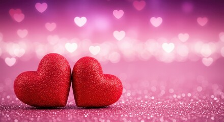 Fototapeta premium A romantic scene with two red textured hearts leaning against each other on a glittery pink surface