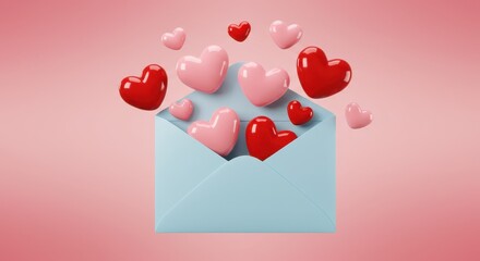 A creative Valentine's Day concept featuring a light blue envelope with pink and red 3D hearts spilling out