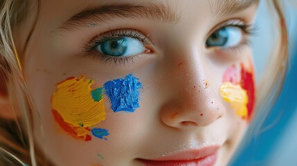A young girl with blue eyes and a colorful face paint