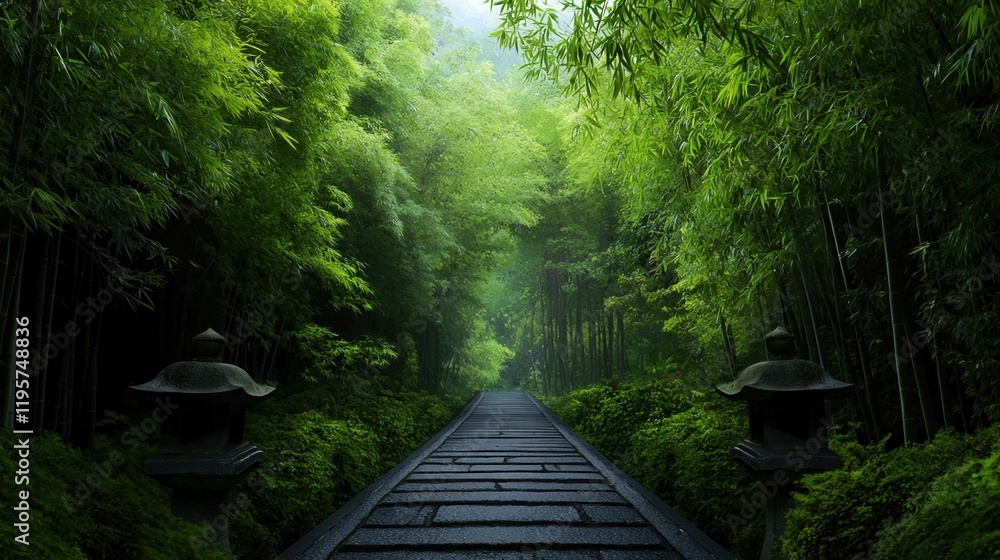 Poster a path through a forest with a stone walkway and lanterns