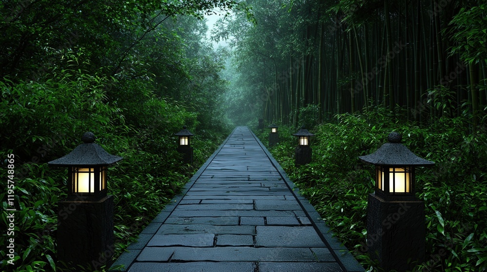 Poster a path in a forest with lanterns on either side