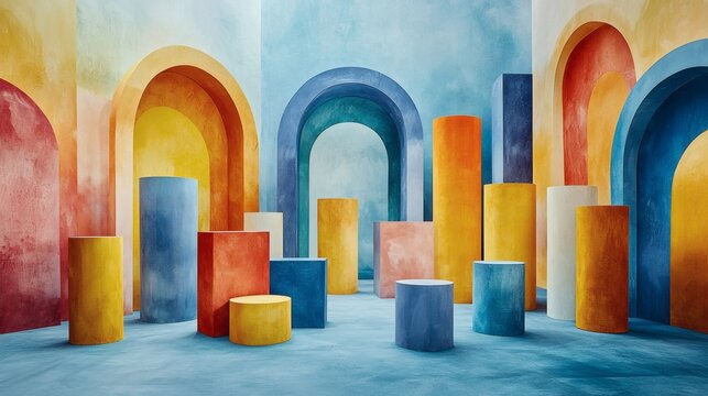 Chromatic Arches: A vibrant and playful composition of colorful cylinders and arches creates a surreal and dreamlike architectural space.