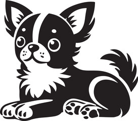Cute silhouette puppy vector black and white (smiling face cute mini dog big ears and big hair vector black)