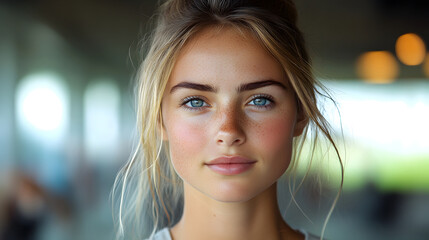 Obraz premium A captivating close-up portrait showcasing a young woman's serene expression and natural features.