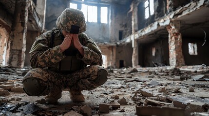 Fototapeta premium A soldier kneeling in a rubble with his hands on his knees