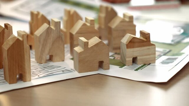 Architect and engineer discuss about building blueprint on table with architectural document, measurement tools scatter around at office, use wooden block for house positioning. Closeup. Delineation.