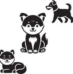 Cute silhouette puppy vector black and white (smiling face cute mini dog big ears and big hair vector black)