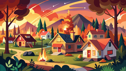 Wildfire burning forest near houses threatening suburban area