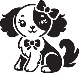 Cute silhouette puppy vector black and white (smiling face cute mini dog big ears and big hair vector black)