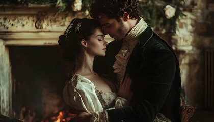 An intimate moment between a couple in elegant historical attire by a hearth, ideal for romance-themed media, period dramas, and historical romance book covers