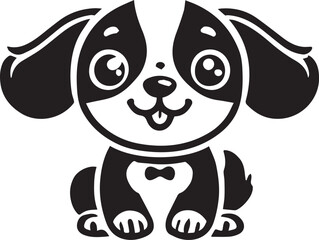 Cute silhouette puppy vector black and white (smiling face cute mini dog big ears and big hair vector black)