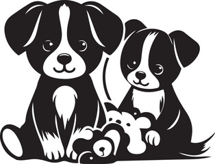Cute silhouette puppy vector black and white (smiling face cute mini dog big ears and big hair vector black)