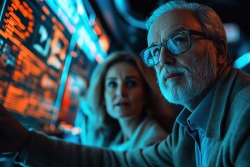 Fototapeta premium Focused elderly man with glasses analyzing data on a futuristic screen in a dim environment. Technology insights