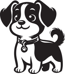 Cute silhouette puppy vector black and white (smiling face cute mini dog big ears and big hair vector black)
