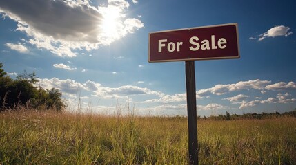 Land for sale sign in meadow in summer morning, selective focus