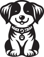 Cute silhouette puppy vector black and white (smiling face cute mini dog big ears and big hair vector black)