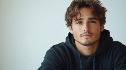 Young man with wavy hair smiling warmly in a casual hoodie against a soft, neutral background