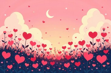 A meadow full of heart-shaped flowers blooming under a pink sky