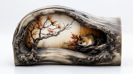 Intricate wooden sculpture with mouse and autumn tree design