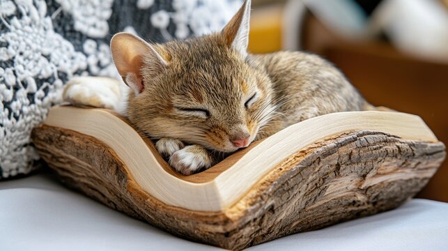 Adorable sleeping cat curled in carved wooden bowl - Powered by Adobe