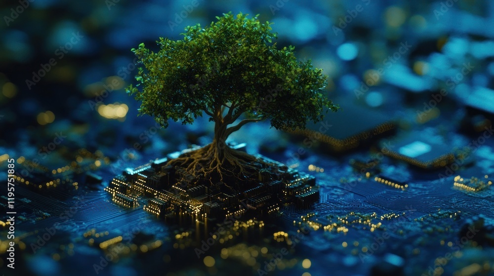 Poster tree growing on a circuit board symbolizing technology and nature fusion